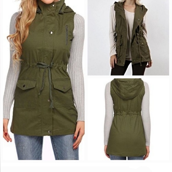🛍️NWOT Hoodie full zip Utility vest army/olive green Vest with adjustable waist - Picture 1 of 12